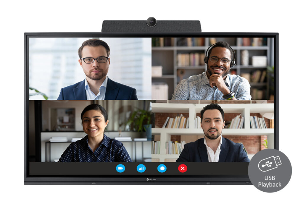 Meetboard 商用觸控顯示器搭載 USB 連接埠作為遠端協作中心示意