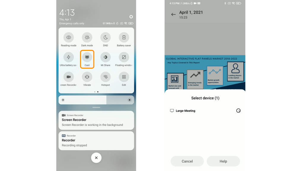 using Miracast on the Android device on Meetboard 