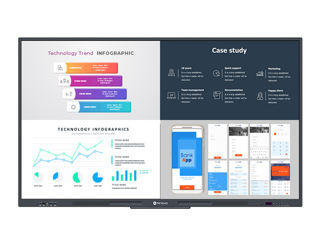 AG Neovo Meetboard 4 IFP6504E-AE 65'' Smart Board features multiple screen split.
