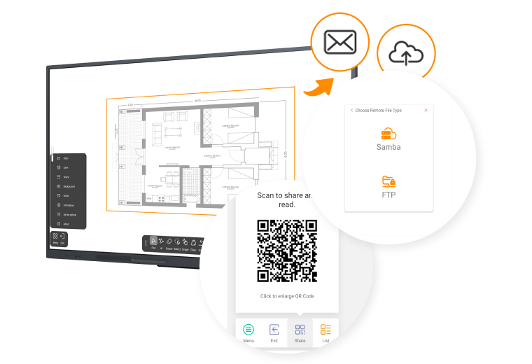 Meetboard 4 電子白板支援 Samba、FTP、電子郵件、雲端硬碟、QR 碼等資料傳輸方式