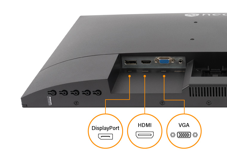 MH2703 無邊框影音娛樂旋轉螢幕搭載 DisplayPort, HDMI, VGA 連接性示意